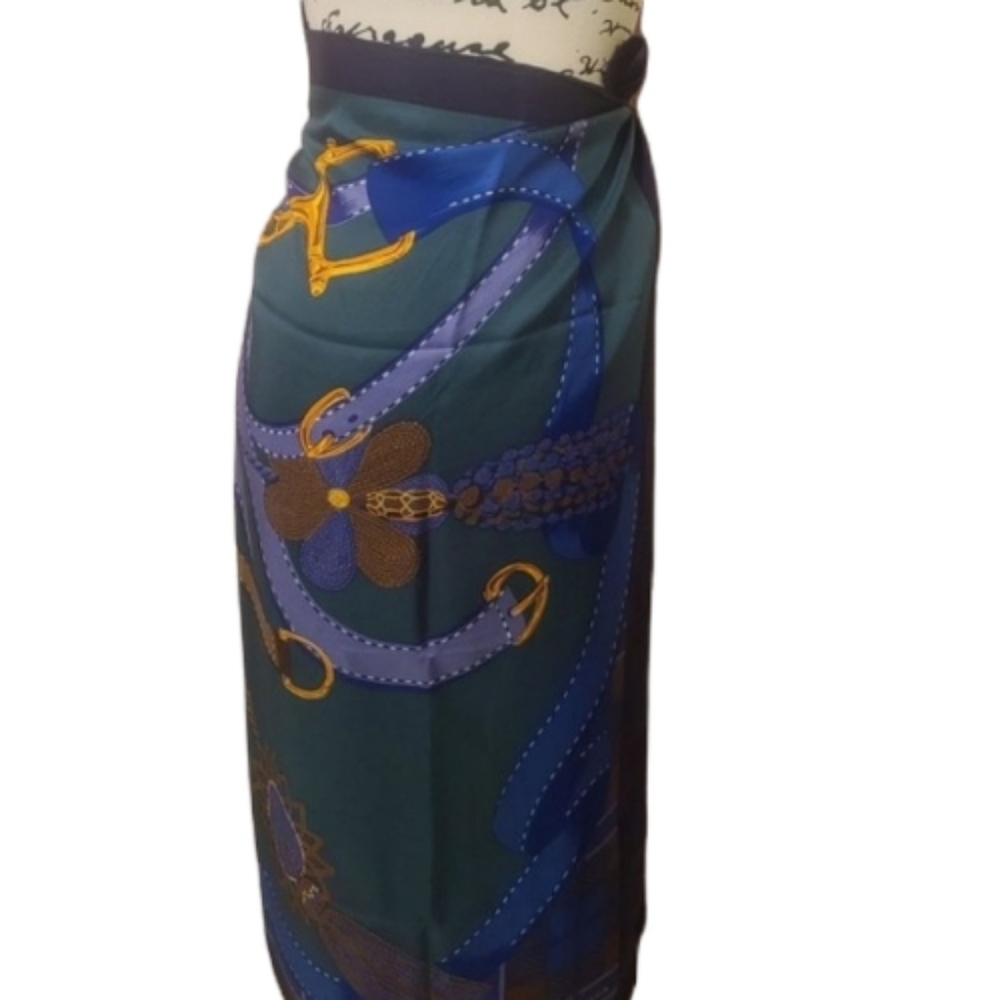 Celine Navy Blue Brown Gold Printed Silk Scarf - Picture 4 of 13